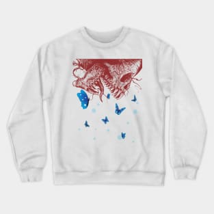 skulls and blue butterflies flying around it Crewneck Sweatshirt